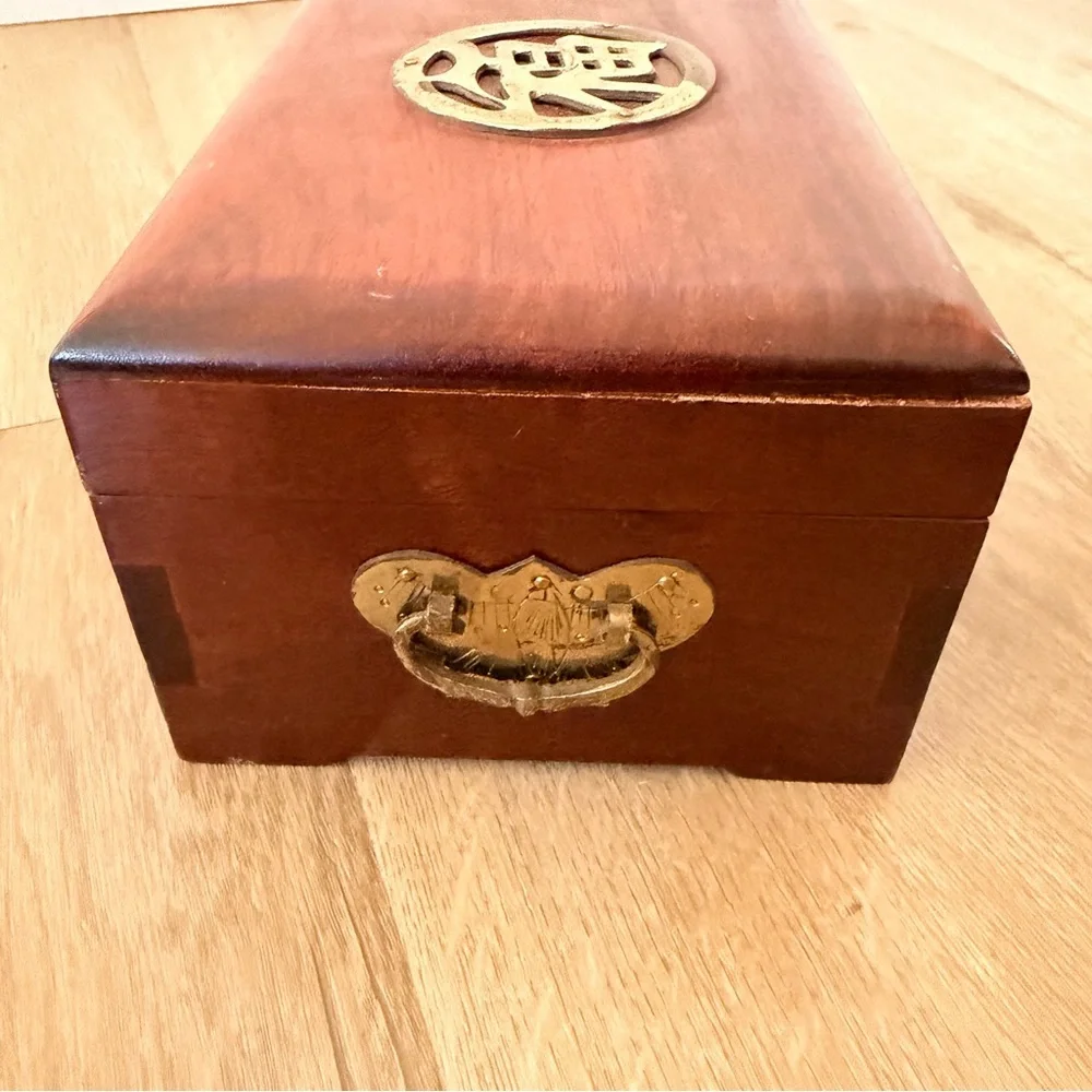 Vintage 80s Oriental Chinese Wooden Jewelry Box W/ Brass Word LUCKY, Double Tier